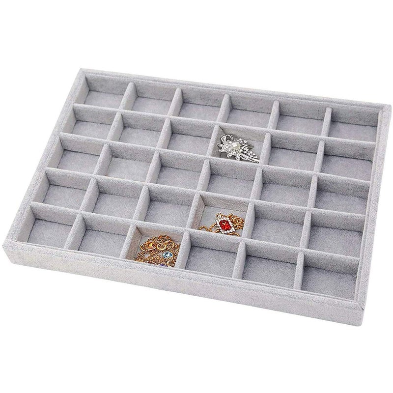 Pimuza Grey Velvet Stackable 30 Compartments Jewelry Tray Showcase Display Organizer Holder Rectangle Storage Box Case Containers Chest for Women Crystal Stone,Stud Drop Earring,Watch,Bead,Trinket,Diamond - Image 1